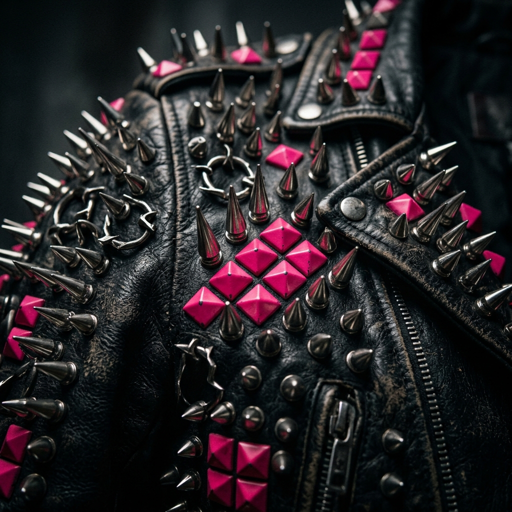 Black leather jacket covered in hot pink studs and spikes
